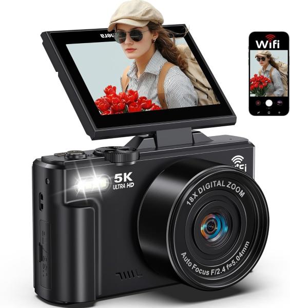 WD08 Digital Camera 5K 64MP UHD Cameras 18X Digital Zoom 180° Flip Screen Camera