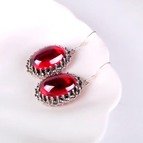 Vintage Sterling Silver Oval Red Cubic Zirconia Dangle Earrings (E12034)