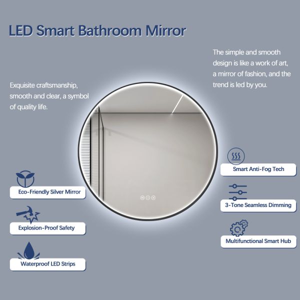 Luxury Circular Commercial Mirrors , Round Black Framed LED Bathroom Mirror