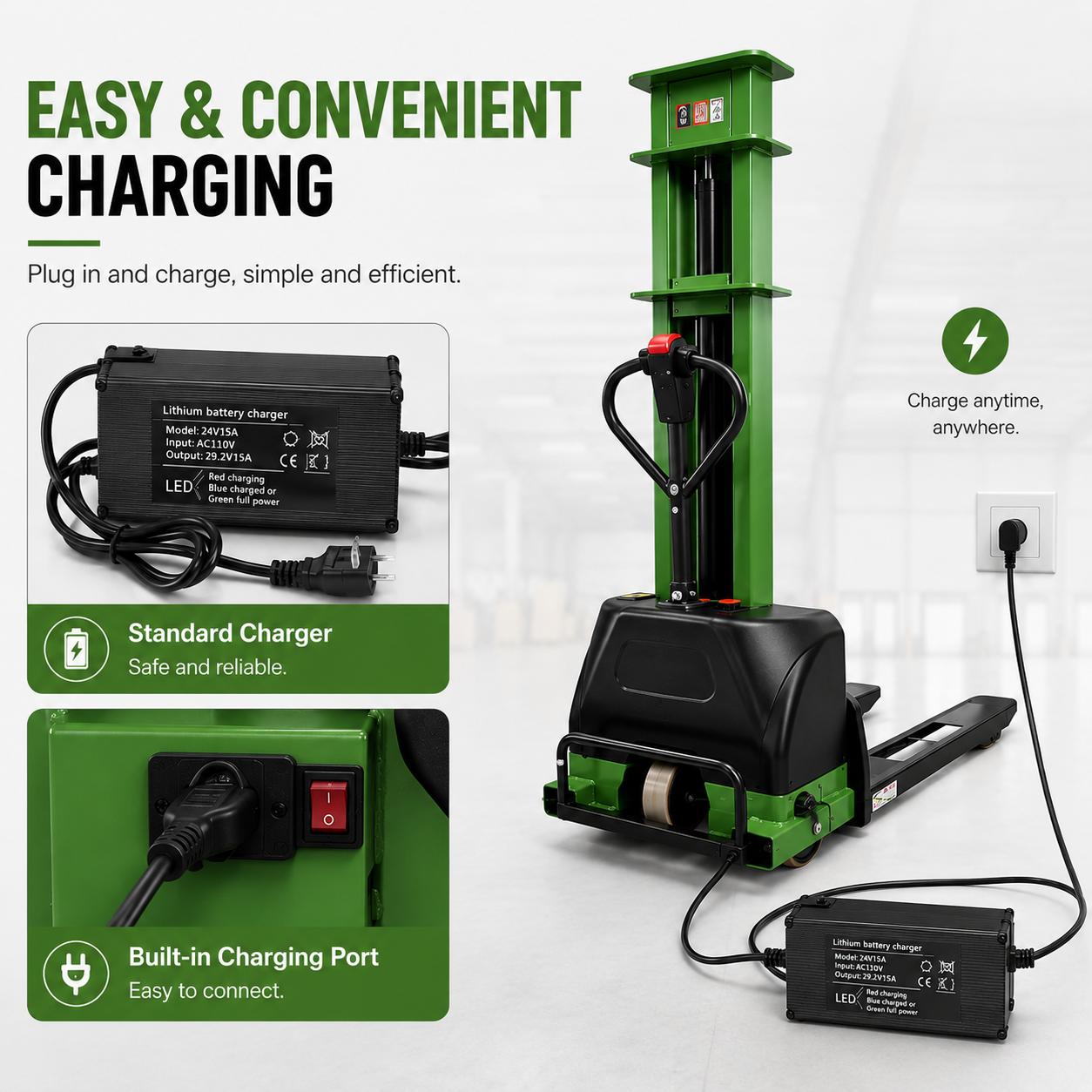 1000kg 1.6m Self Loading Electric Stacker Portable Pallet Lifter