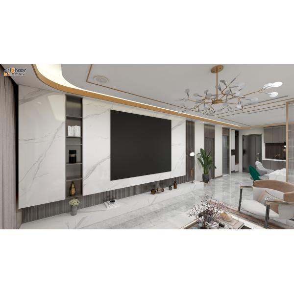 Деревянный стендовый телевизор в высокой блестящей отделке для хранения в современной гостиной