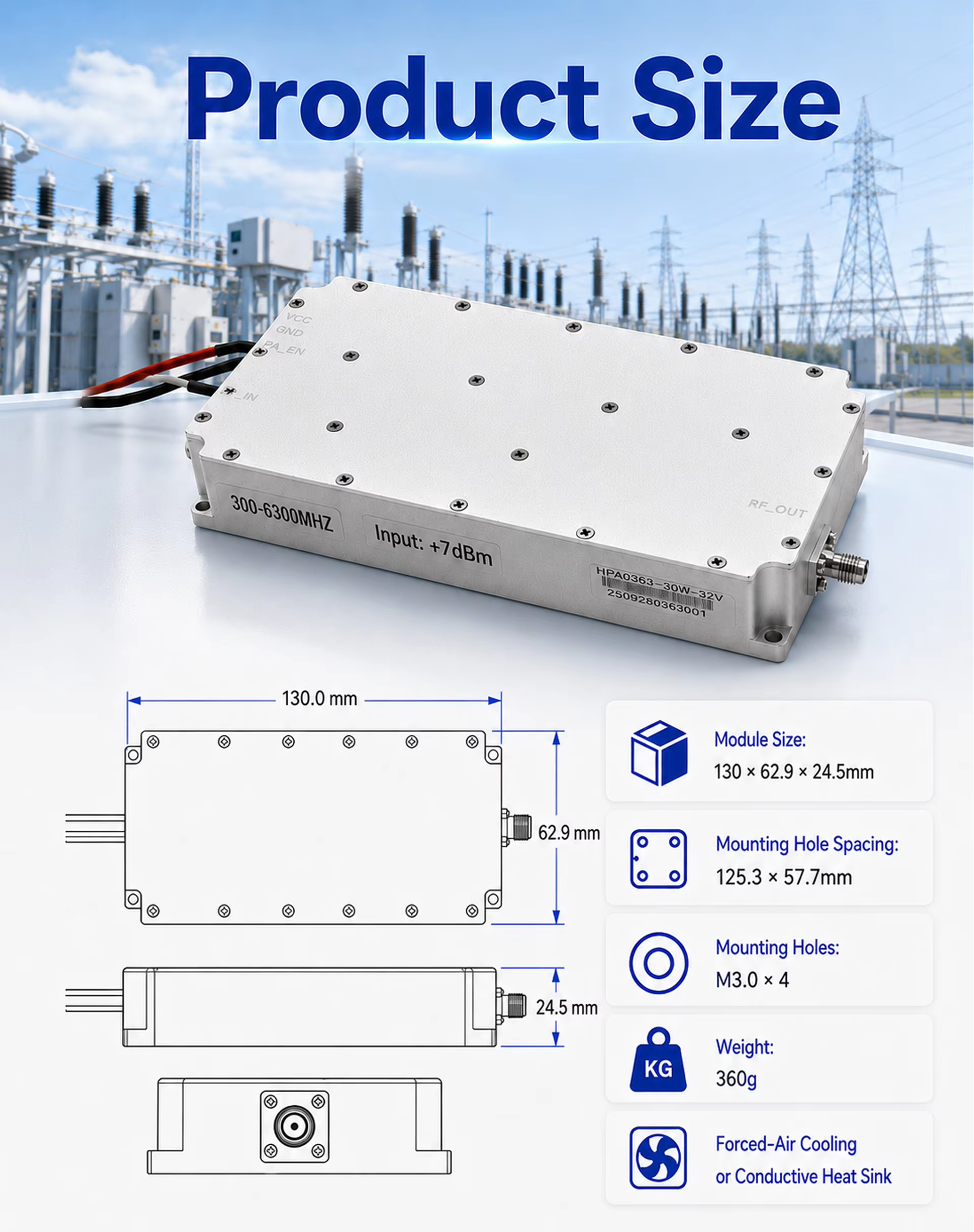 30-50W 300-6300MHz 25% High Efficiency RF Power Amplifier Module with High Linearity and Low-Distortion Design for Anti Drone Solutions