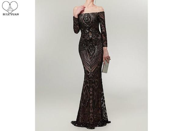 Black Sequins Mermaid Style Prom Dress / Sparkly Long Sleeve Ball Gown Small Tail