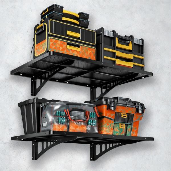 2 Pack Heavy Duty Garage Wall Shelves 500LBS Capacity 47x18in One-Piece Stamped Reinforced Steel Bracket Rack