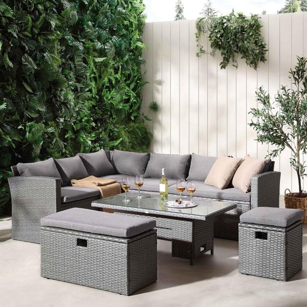 Rectangular Corner Dining Sofa Set with Rising Table AJUNION Rattan Garden Furniture