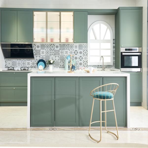 Armários fixados na parede do PVC do ODM Matte Green Kitchen Cabinets do projeto clássico
