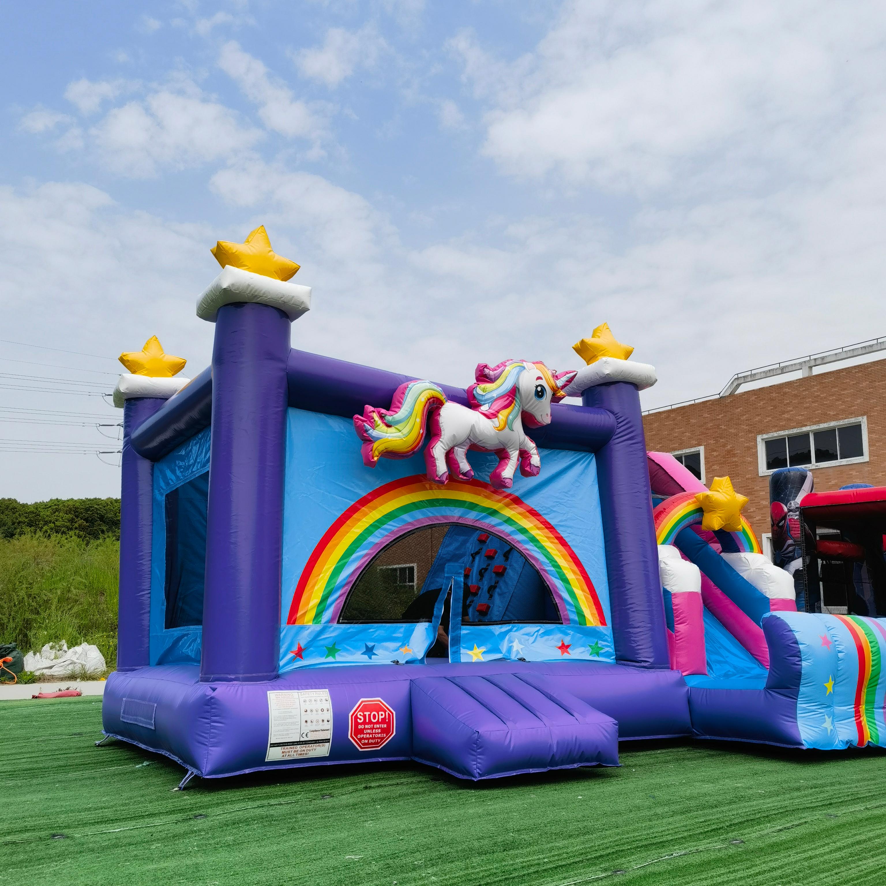 Custom Inflatable Unicorn Bounce House With Slide Rainbow Artwork And Star Decorations for Kids Party Rental Events And Outdoor Playground Projects