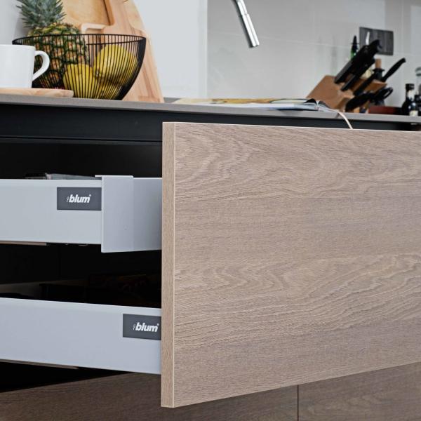 Custom Small Glossy Grey And Wood Grain Kitchen Cabinet Melamine Board Kitchenette