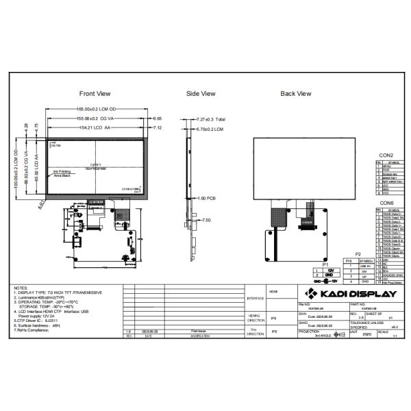 7,0 доска дюйма промышленная HDMI для касания дисплея 1024*600 LVDS опционного