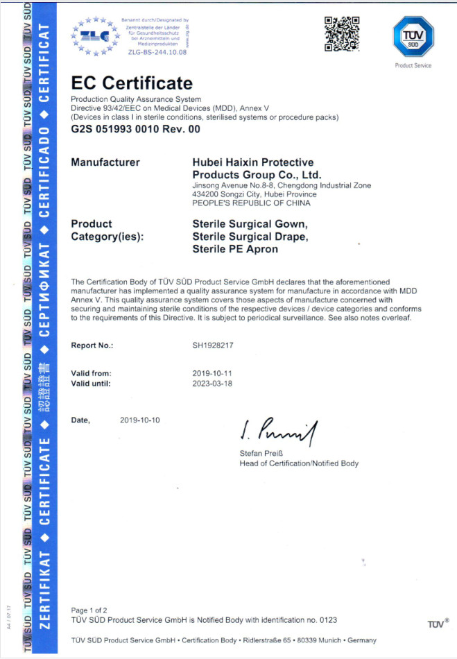 Hubei Haixin Protective Products Group Co., Ltd. Сертификации