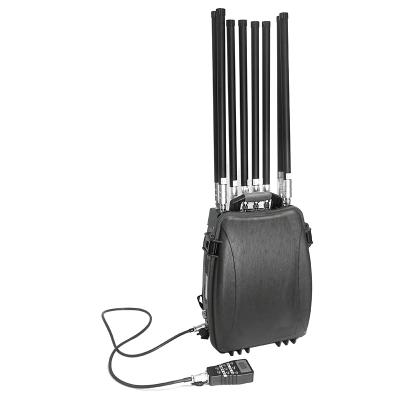 Bloqueador de drones tipo mochila de 8 bandas, alcance de 500-1500m, 50W de salida