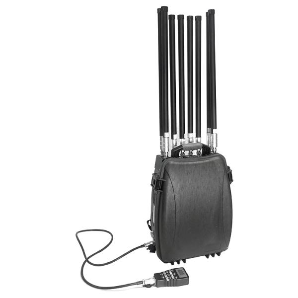 Bloqueador de drones tipo mochila de 8 bandas, alcance de 500-1500m, 50W de salida