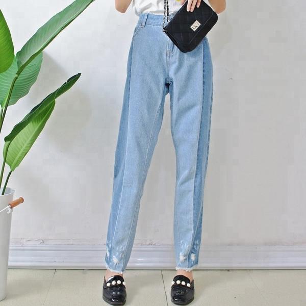 Women Light Blue Long Wide Leg Denim Pants , Casual Loose Fit Denim Jeans