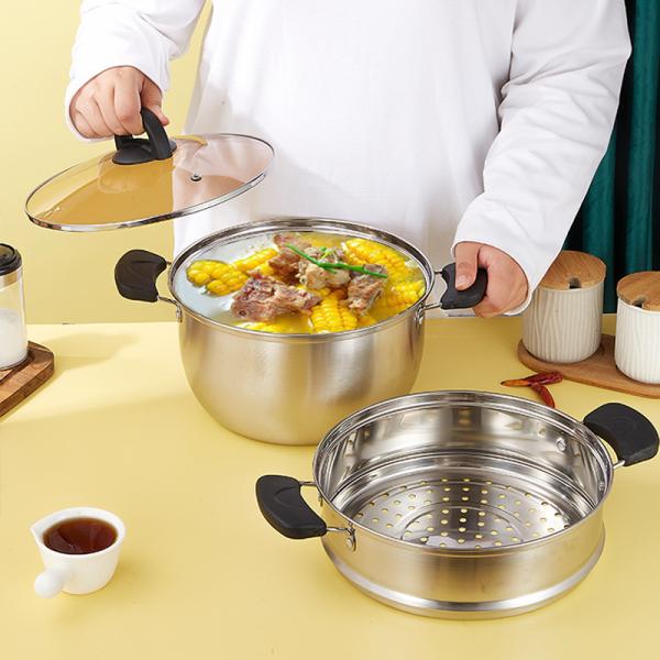 Factory Price Silver Two Layers Stainless Steel Saucepot Food Steamer Pots Soup Pot With Glass Lid
