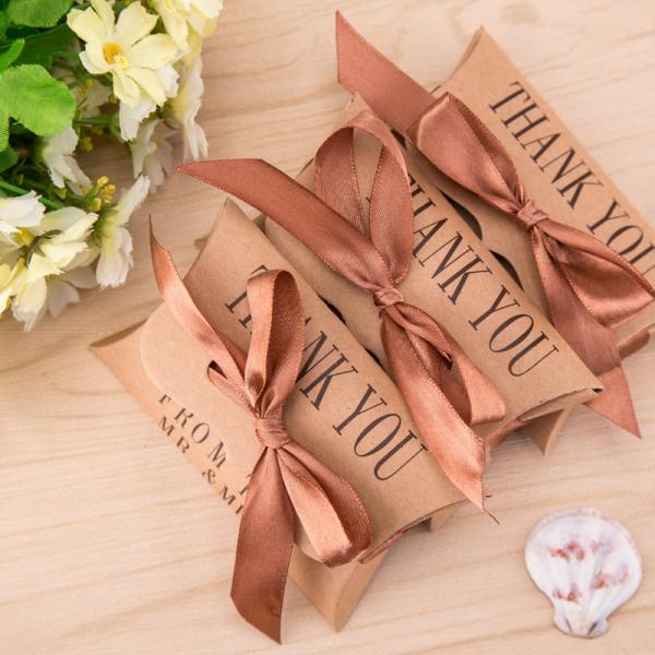 OEM ODM Brown Food Takeaway Boxes Candy Chocolate Small Pillow Box With Ribbon