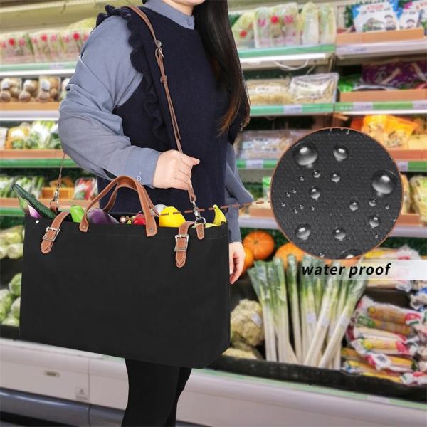 Nylon Canvas Reusable Shopping Bag Totes Leather Belt Buckle Shoulder 44x13x38cm