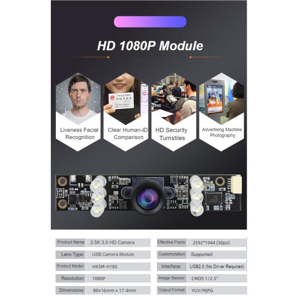 H185 USB Plug-and-Play 5-мегапиксельный широкий динамический камерный модуль Эффективное разрешение пикселей: 2592*1944