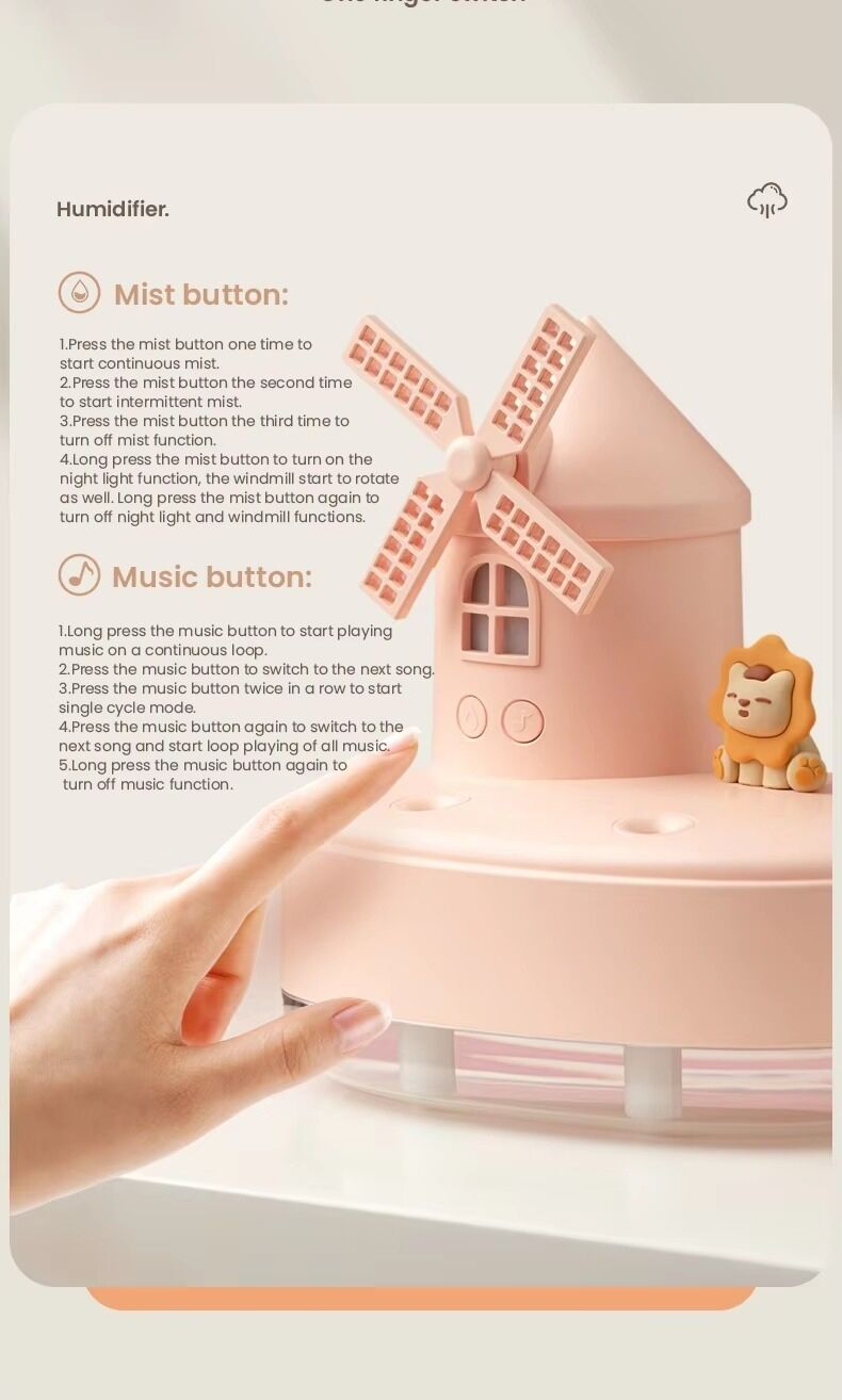 Windmill Music Humidifier 3 in 1 Humidifier with Night Light Music Features 650ml Portable Desktop Humidifier
