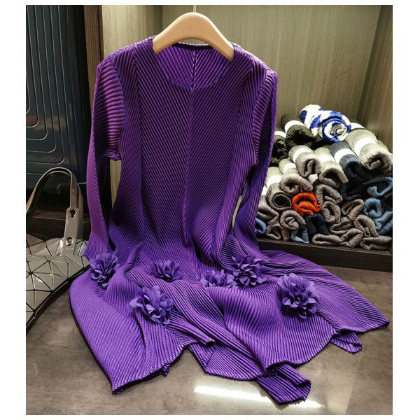 High-end 3d Flower Round Neck Long Sleeve Pleated Plus Size Women's Dresses