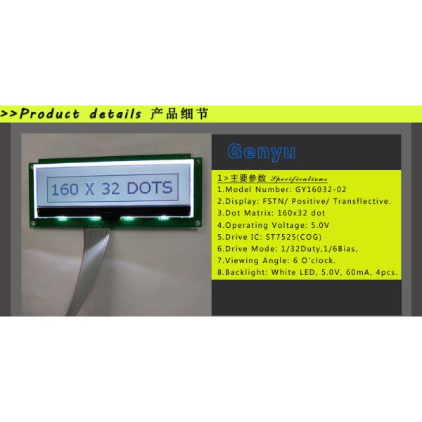 Genyu 160*32 Dot Matrix LCD Screen with ST7525 Driver IC and FSTN Positive Display for Car Applications