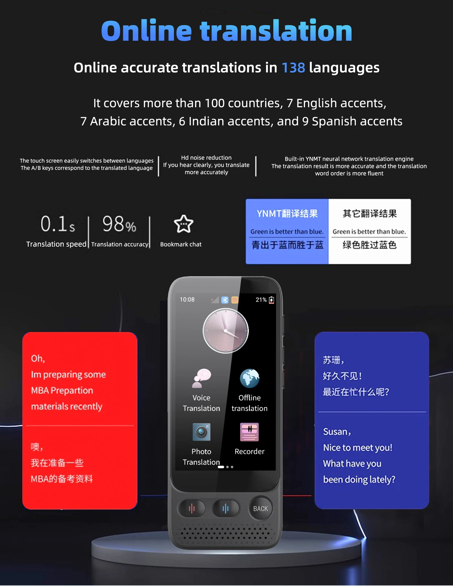 Portable S09 voice Instant Voice translator AI intelligent 138 online 19 offline