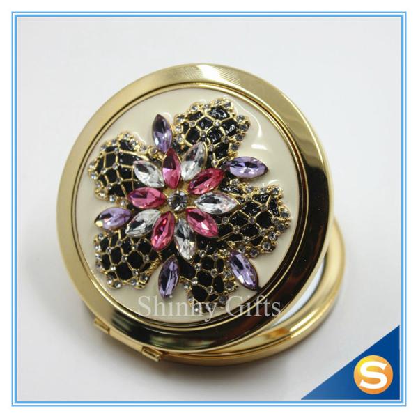 Shinny Gifts Luxury Rhinestone Flower Design Metal Compact Mirror Small Makeup Mirror For Girls Gift