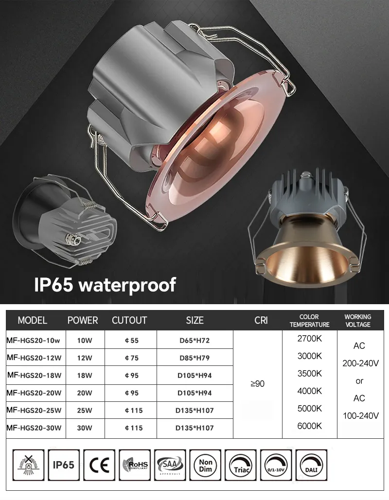 Compact High Reflector LED Down Light, IP65 Wet Ceiling Light Supporting Triac,0-10V,Dali-2,Dali Dt6,Dali Dt8 Dimming, Low Ugr Anti-Fog Light for Commercial Use