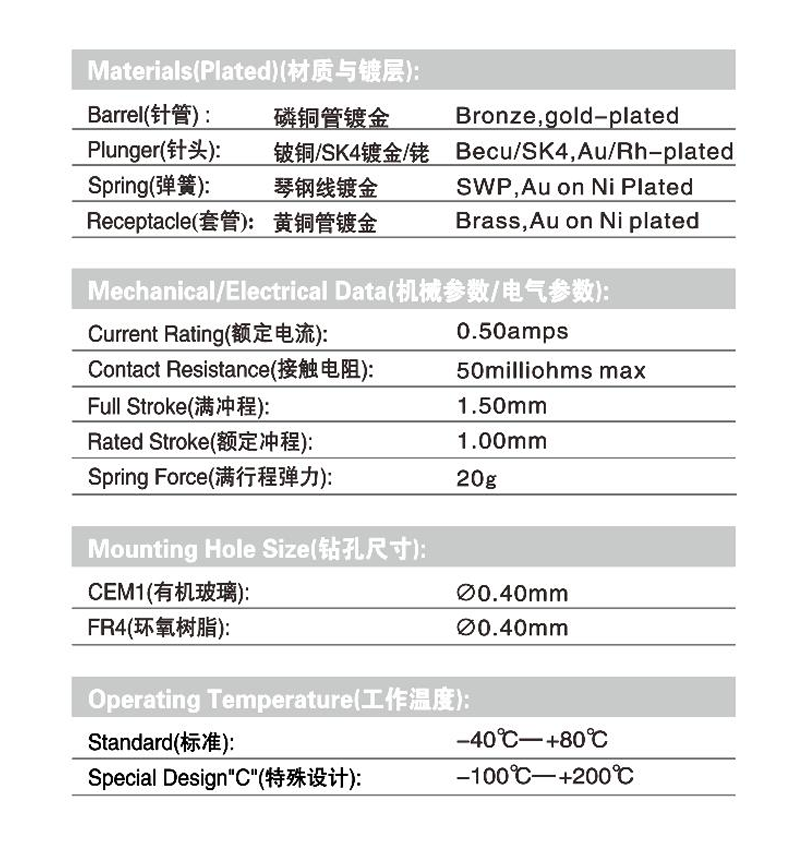 Gold Plated Brass Barrel Spring Test Probe with 0.5amps Current Rating and 50 Millionhms Max Contact Resistance