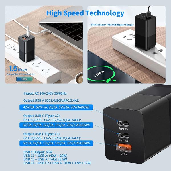 GaN 3 Port USB C Charger 65W PD 3.0 Wall Charger Block Adapter Compatible With IPhone 12