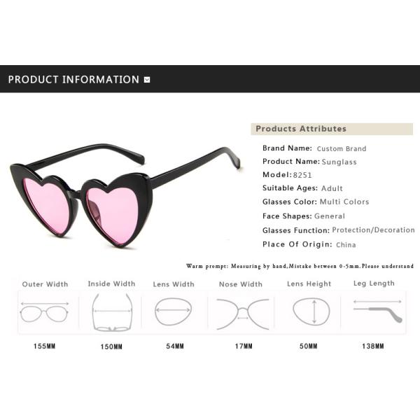 Plastic Designer Female Lady Fashion Heart Sunglasses Multi Colors 155MM