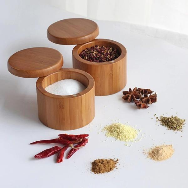 Bamboo Round Salt Box with Magnetic Lid Laser Engraving
