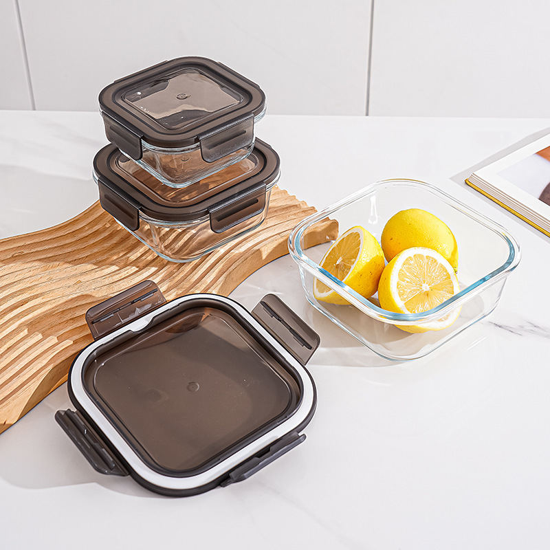 Custom Rectangular Microwave Safe Lunch Box Heat-Resistant Glass Crisper with Plastic Lid for Food