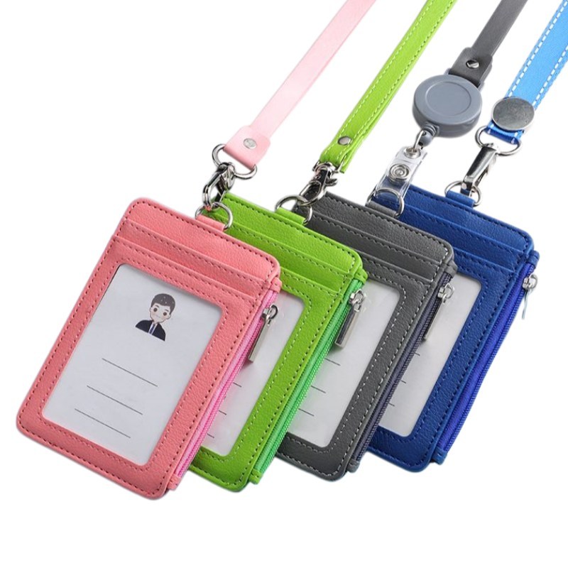 Zipper Faux Leather ID identity Card Badge Holder With Detachable Lanyard