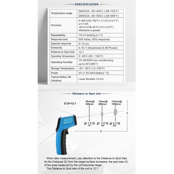 Color Screen Display Non Contact Infrared Thermometer Self Calibration GM333A GM333 GM533 GM533A