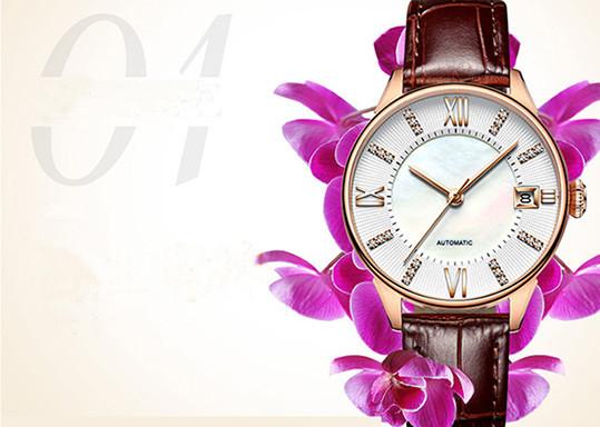 Leather Ladies Wrist Watch  , Two Layers Dial Automatic Mechanical Watch