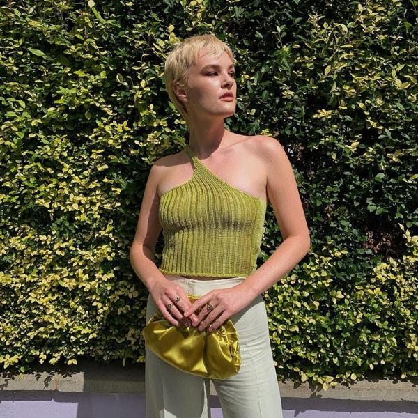 Short Style Wool Weave Oblique Shoulder Back Heart Blouse T Shirt Woman