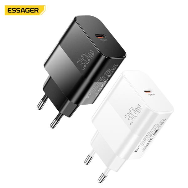 ESSAGER 30W Gan PD Type C Fast Charging Phone Wall Charger Adapter For iPhone Huawei