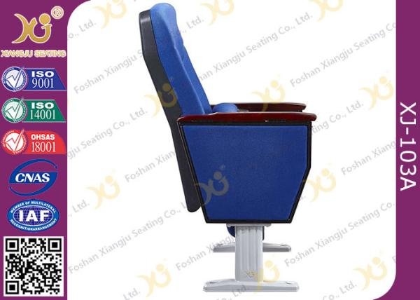 Soild Wood Armrest Blue Fabric Conference Hall Chairs With Aluminum Feet