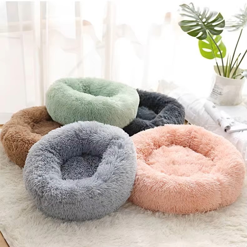 Calming Donut Plush Pet Bed For Cats Dogs Machine Washable Non Slip