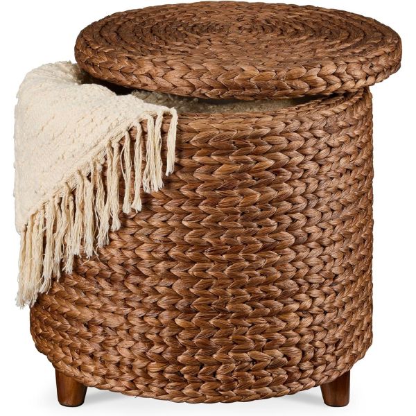 Tall Water Hyacinth Wicker Basket with Handles | Natural, Brown, Natural Bathroom Trash Can Boho Style - Wicker Trash Can With Lid For Household, Kitchen - Removable Liner, Iron Frame