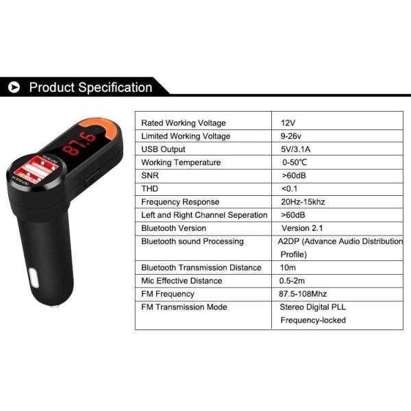 Wireless Bluetooth FM Transmitter With Dual USB Ports Car Charger