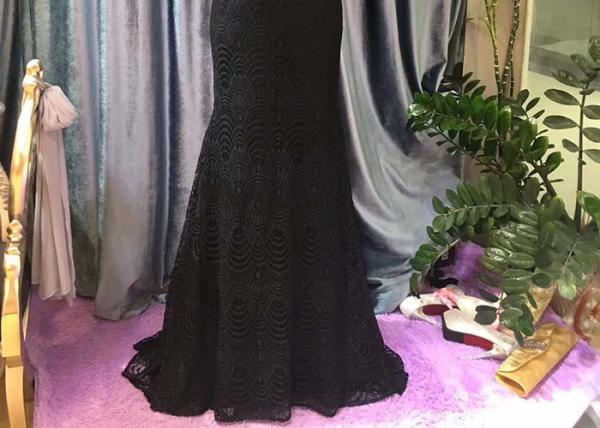 Backless Black Lace Mermaid Prom Dress / Fishtail Waist Beaded Evening Gown