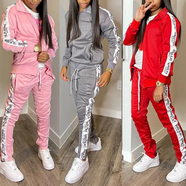 Nylon Zip Up Women Jogging Set Stacked Flared Sweatpants Sweatsuit Set Anti Pilling