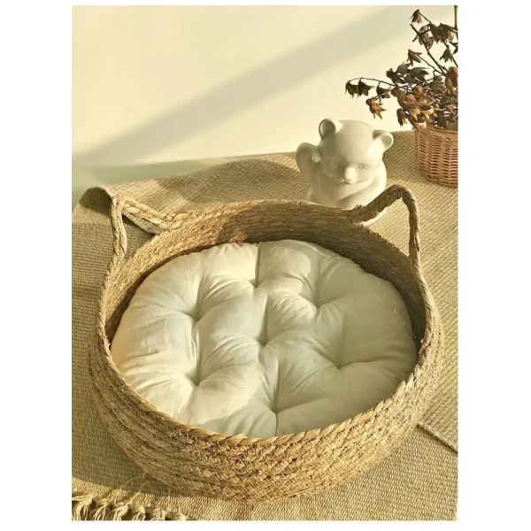 Pure Hand-Woven Rattan Cat Nest Universal Warm Pad for Small Animals Four Seasons Removable Washable Winter Pet Supplies Solid