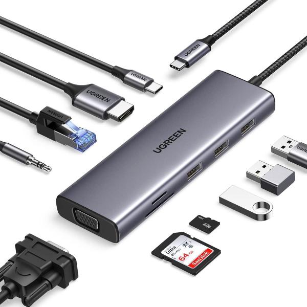 USB C Hub, Dongle USB-C 10 en 1 avec 4K-HDMI et VGA double moniteur, 1Gbps Ethernet, 100W PD, 3 ports USB 3.0,3Jack audio de 5 mm