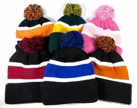 Black And White Strips Knit Pom Pom Beanie For Adults Embroidery Logo Founded