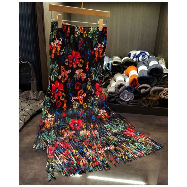 Fashion Summer New Nice Positioning Print Double Fringe Half Skirt Wrinkles Women's Slimming Skirt