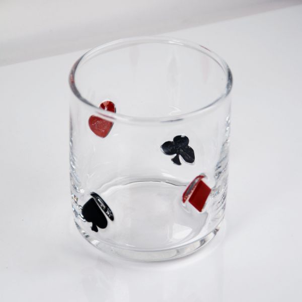 Hand Blown Poker Icon Whiskey Glass, 400ml Clear Tumbler With Heart, Spade, Club & Diamond Suits, Old Fashioned Glass For Whiskey, Cocktails, Juice