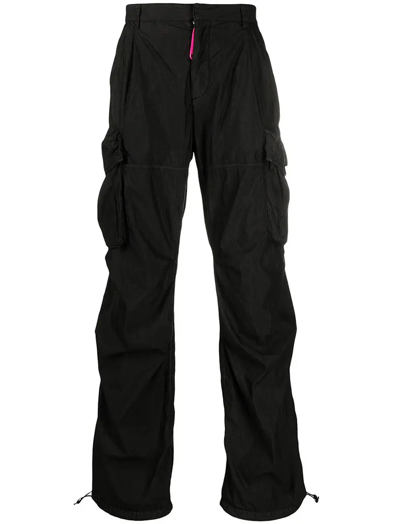 Fashion Design Flared Pants Custom Logo Loose Cargo Trousers Drawstring Pockets Street Nylon Pants