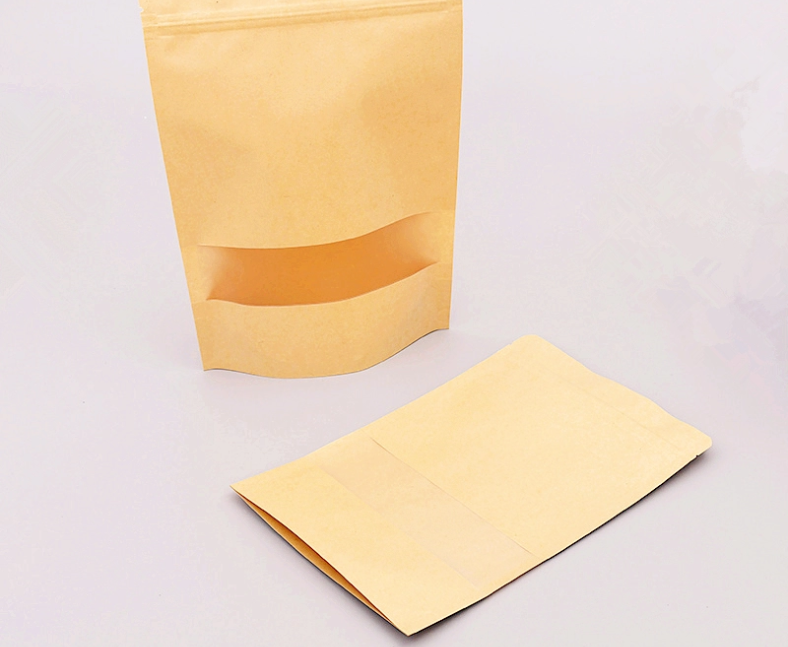 Heat Seal Kraft Paper Ziplock Stand Up Pouch With Clear Window